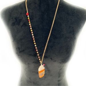 Betsey Johnson Pumpkin Spice Latte Cup Glitter Acrylic Necklace 30" NEW!